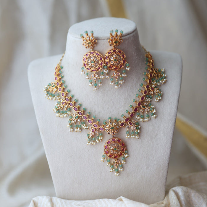 Antique green bead ruby short necklace with earrings AG532
