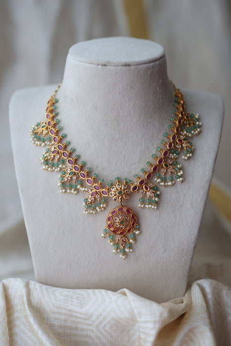 Antique green bead ruby short necklace with earrings AG532