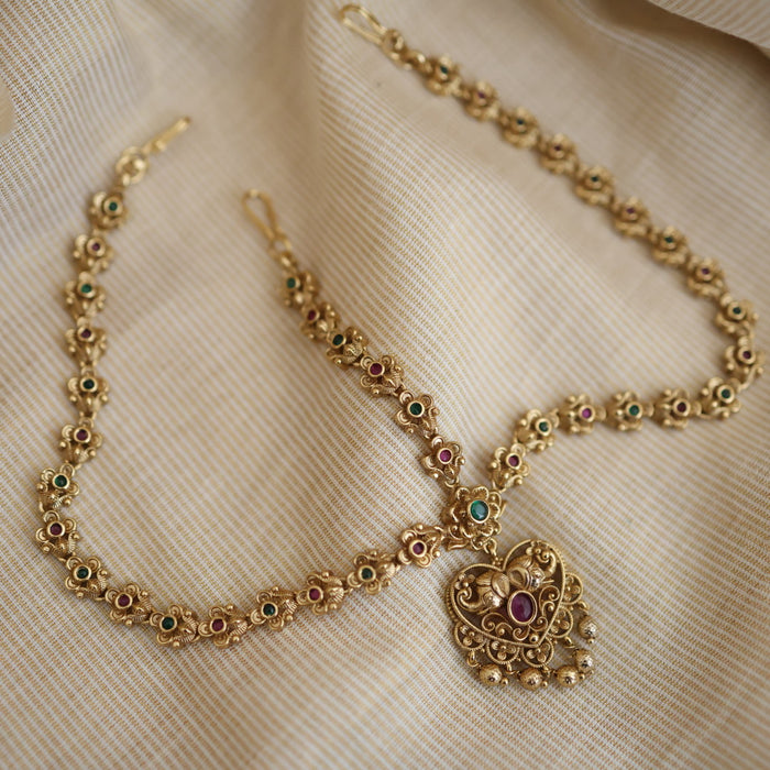 Antique ruby green stone three side tikka design tikka AT02321