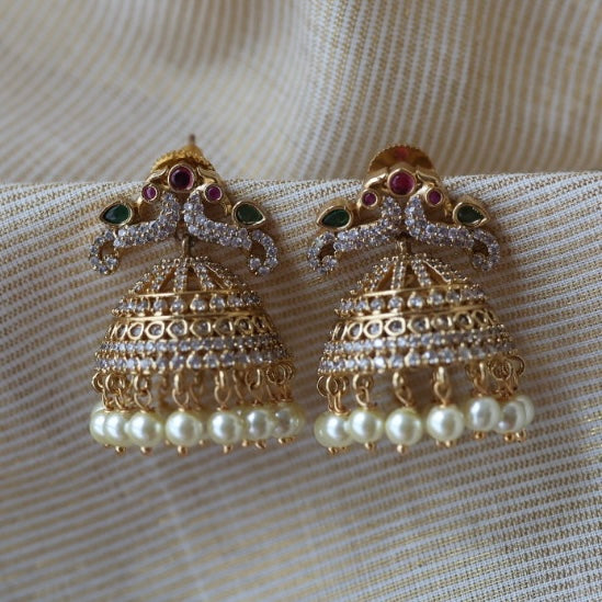 Antique ruby green white stone jumka earrings AJ990