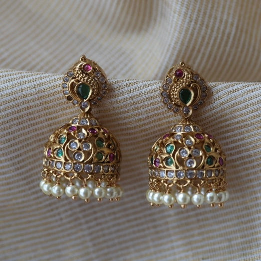 Antique ruby green white stone jumka earrings AJ69779
