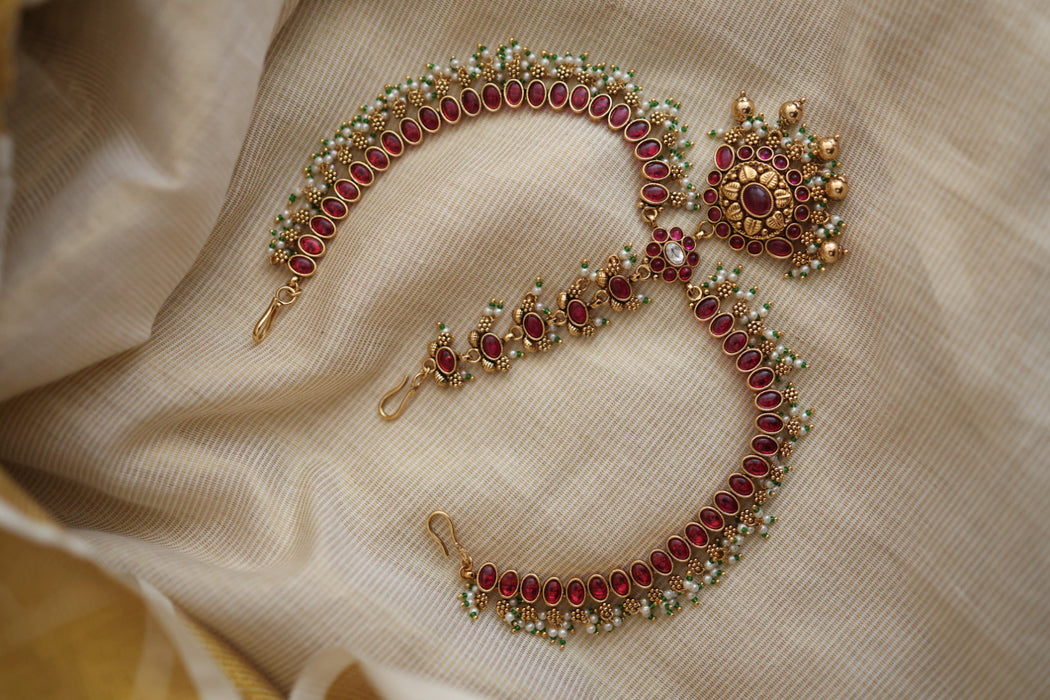 Antique ruby green stone three side tikka design tikka AT022122