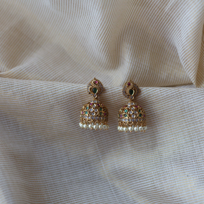 Antique ruby green white stone jumka earrings AJ69779