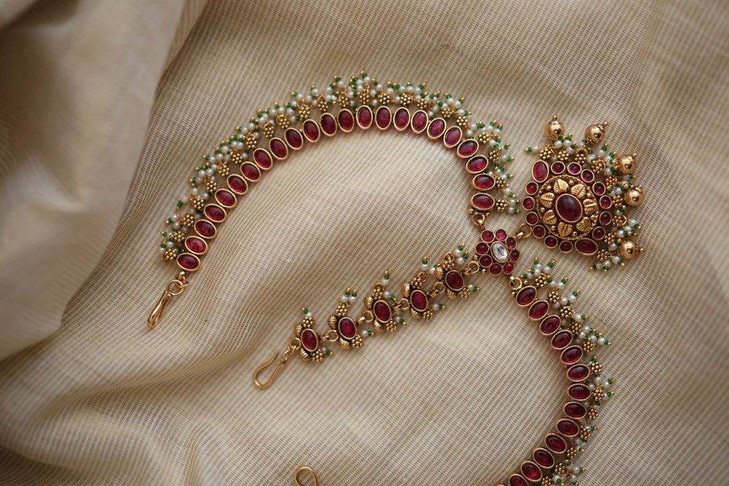 Antique ruby green stone three side tikka design tikka AT022122
