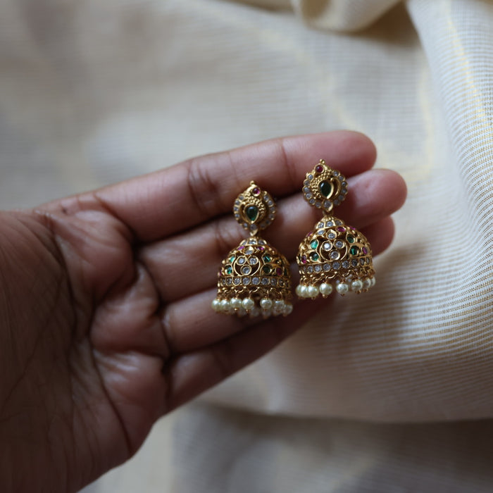 Antique ruby green white stone jumka earrings AJ69779