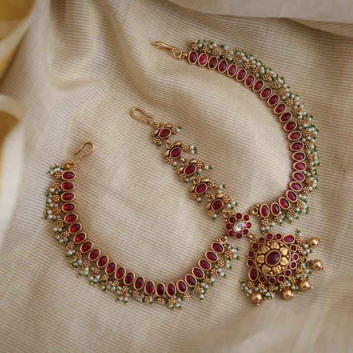 Antique ruby green stone three side tikka design tikka AT022122