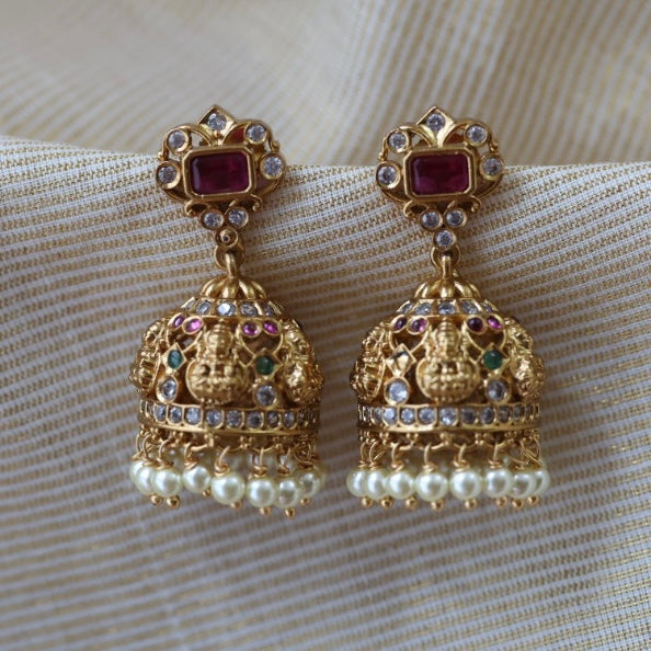 Antique ruby green white stone jumka earrings AJ6832
