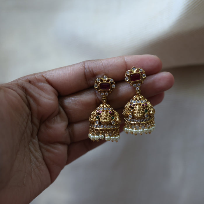 Antique ruby green white stone jumka earrings AJ6832