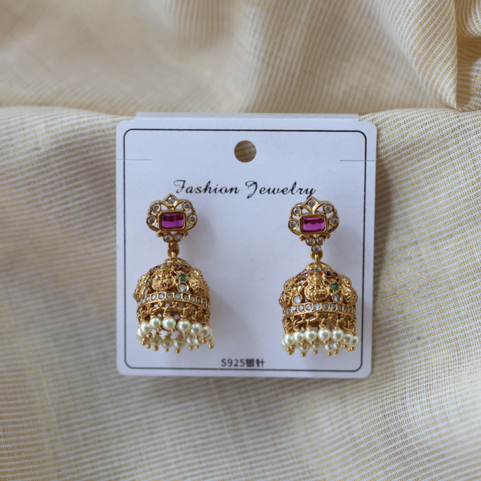 Antique ruby green white stone jumka earrings AJ6832