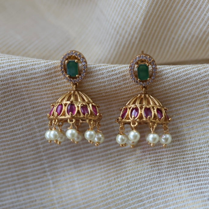 Antique ruby green white stone jumka earrings AJ753