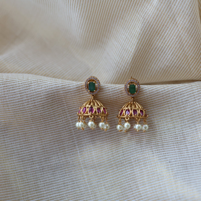 Antique ruby green white stone jumka earrings AJ753