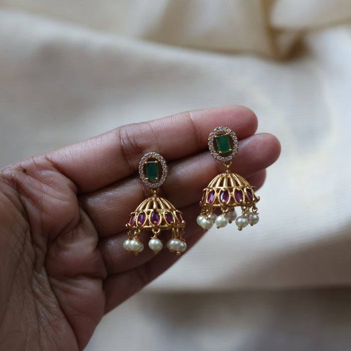 Antique ruby green white stone jumka earrings AJ753