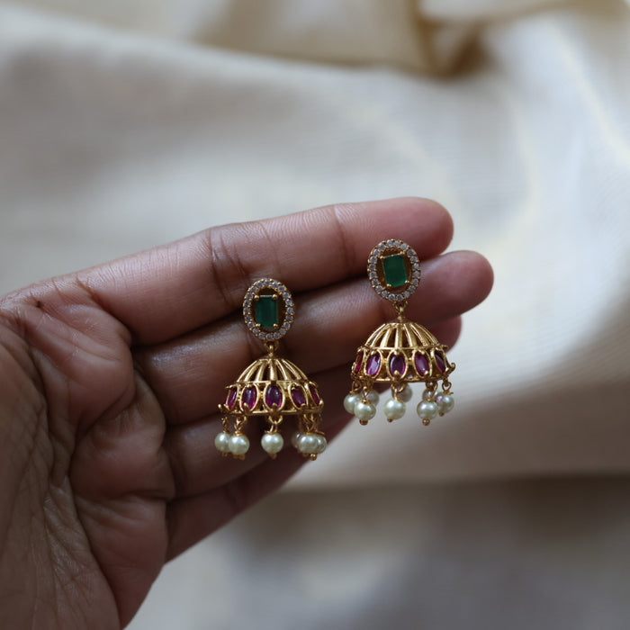 Antique ruby green white stone jumka earrings AJ753