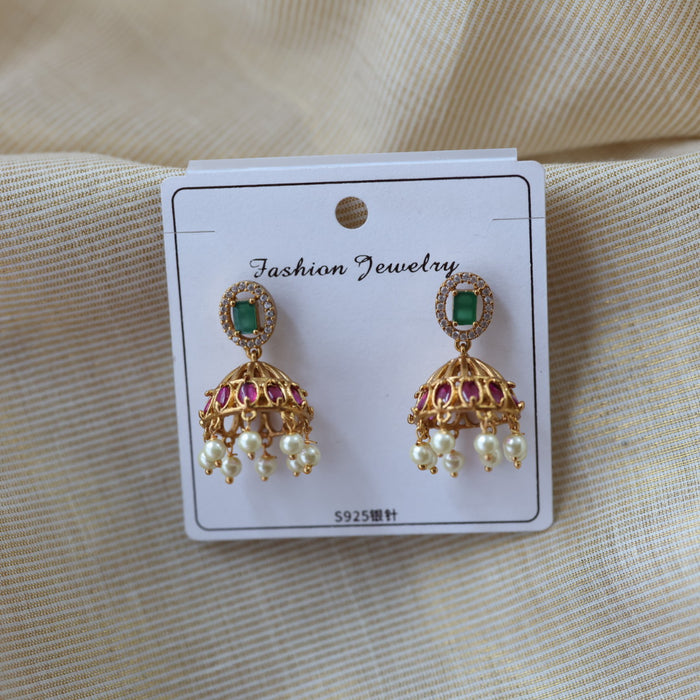 Antique ruby green white stone jumka earrings AJ753