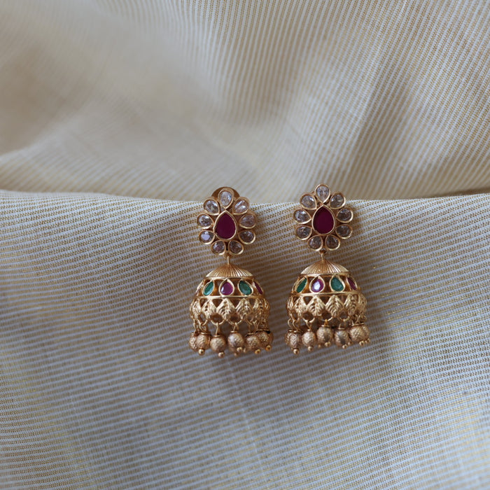 Antique ruby green white stone jumka earrings AJ321