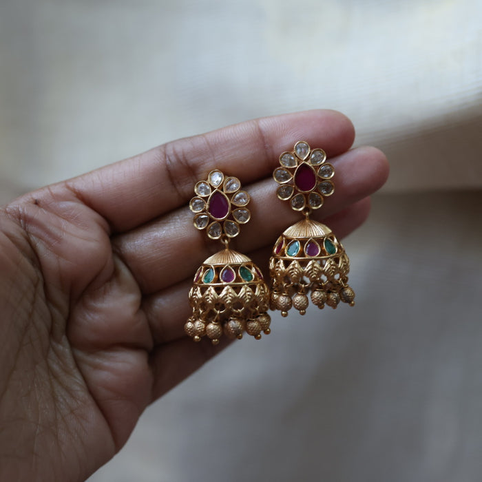 Antique ruby green white stone jumka earrings AJ321
