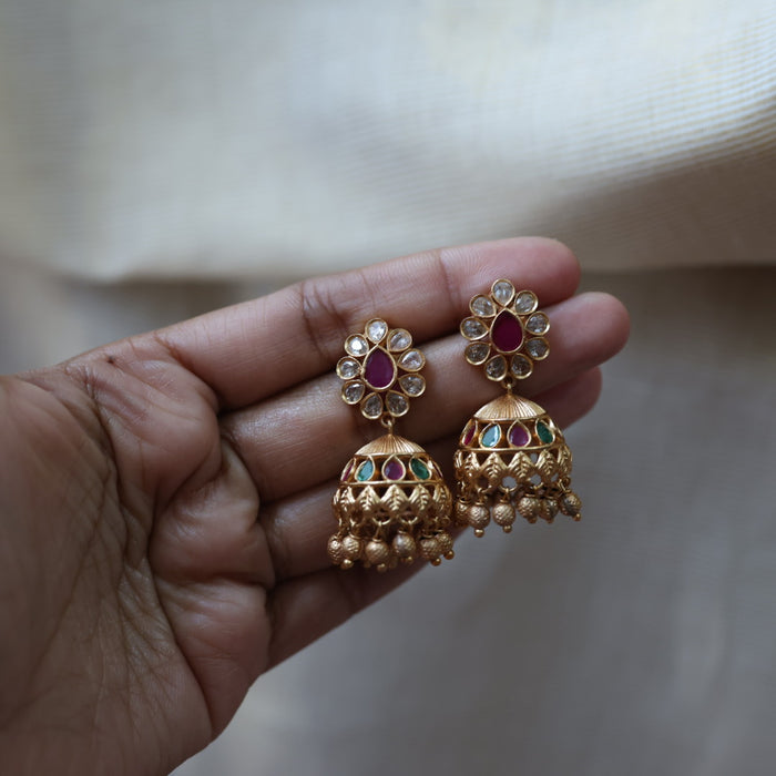 Antique ruby green white stone jumka earrings AJ321