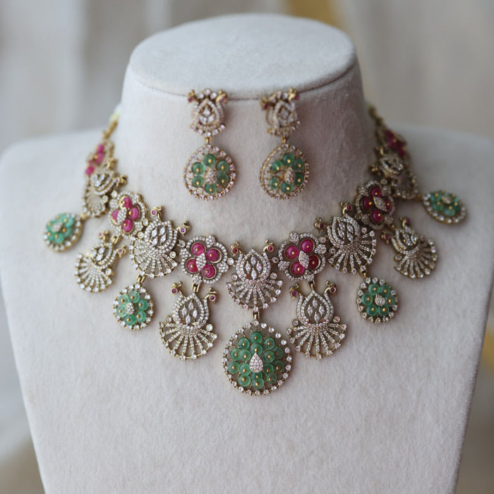 Antique multi stone choker necklace with earrings CCB14223
