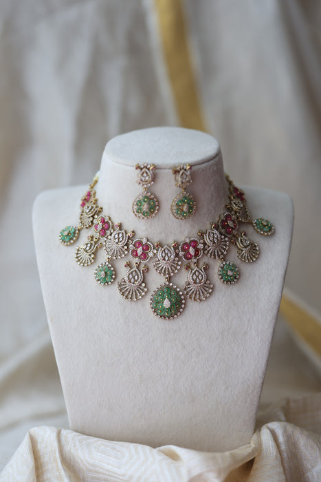 Antique multi stone choker necklace with earrings CCB14223