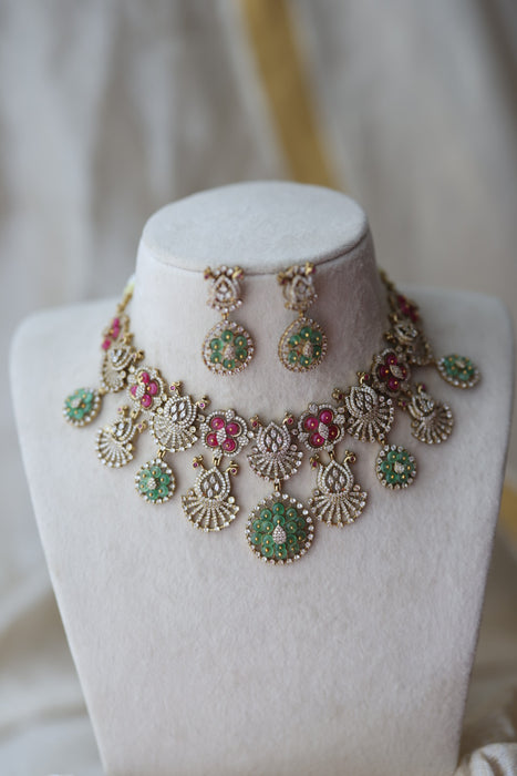 Antique multi stone choker necklace with earrings CCB14223