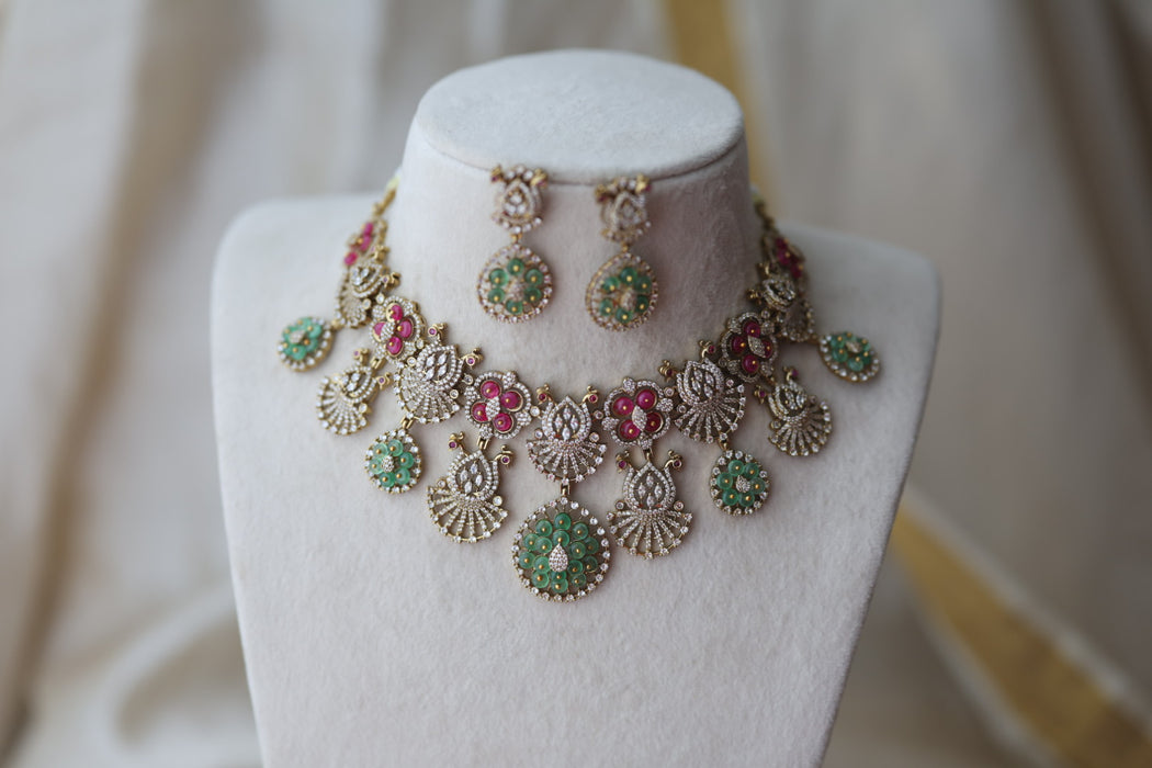 Antique multi stone choker necklace with earrings CCB14223