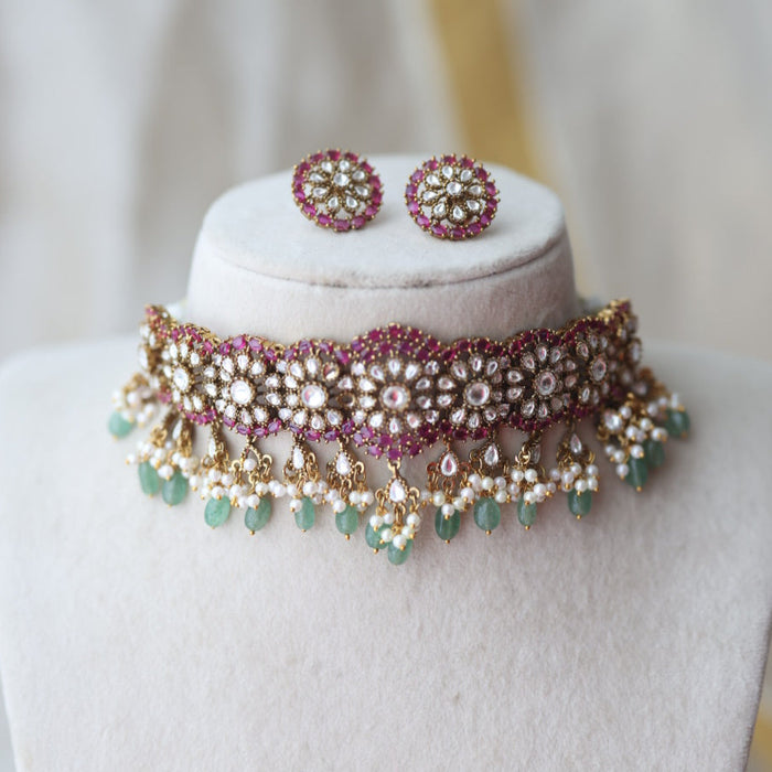 Antique green bead ruby stone choker necklace CCB12334