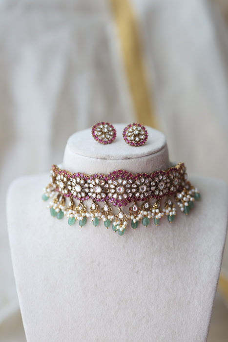 Antique green bead ruby stone choker necklace CCB12334