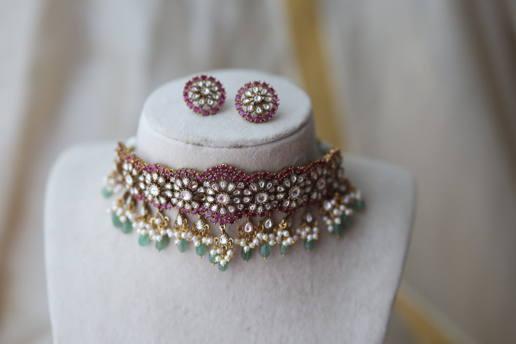 Antique green bead ruby stone choker necklace CCB12334