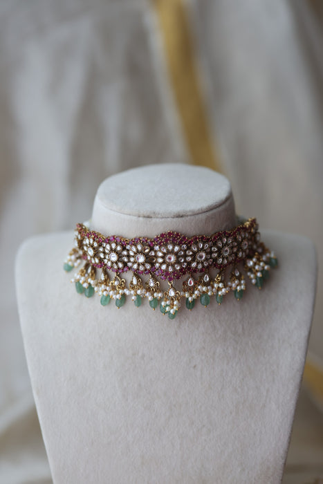 Antique green bead ruby stone choker necklace CCB12334