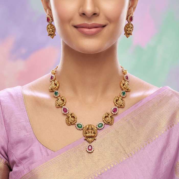 Antique temple design short necklace and earrings TTS4373