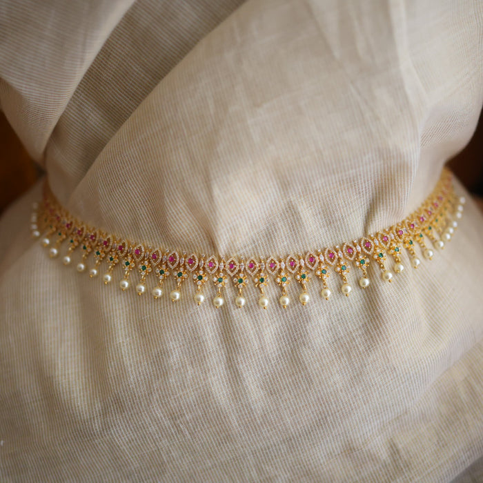 Heritage gold plated ruby green white stone and pearl waistchain HW345536
