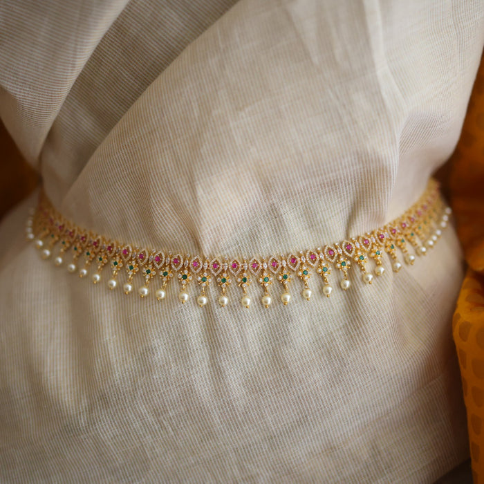 Heritage gold plated ruby green white stone and pearl waistchain HW345536