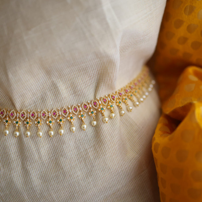 Heritage gold plated ruby green white stone and pearl waistchain HW345536