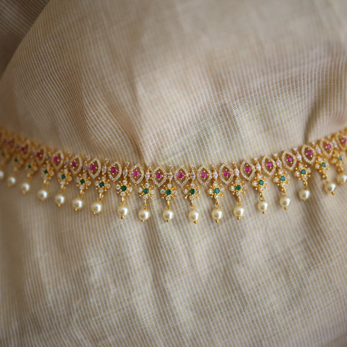 Heritage gold plated ruby green white stone and pearl waistchain HW345536
