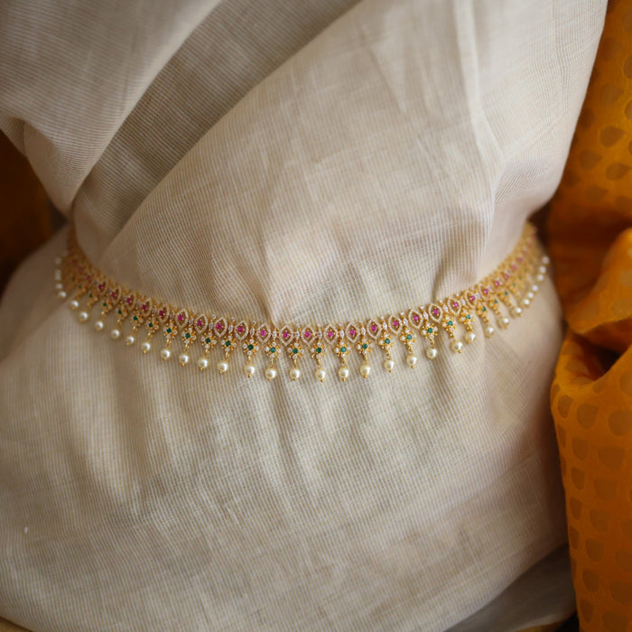 Heritage gold plated ruby green white stone and pearl waistchain HW345536