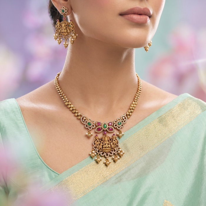 Antique gold stone and pearl short necklace and earrings TTS4374