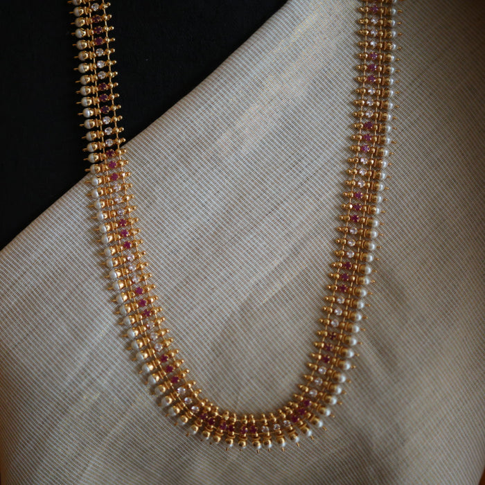 Heritage gold plated ruby white stone long necklace with earrings HL00252