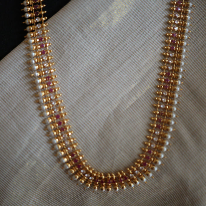 Heritage gold plated ruby white stone long necklace with earrings HL00252