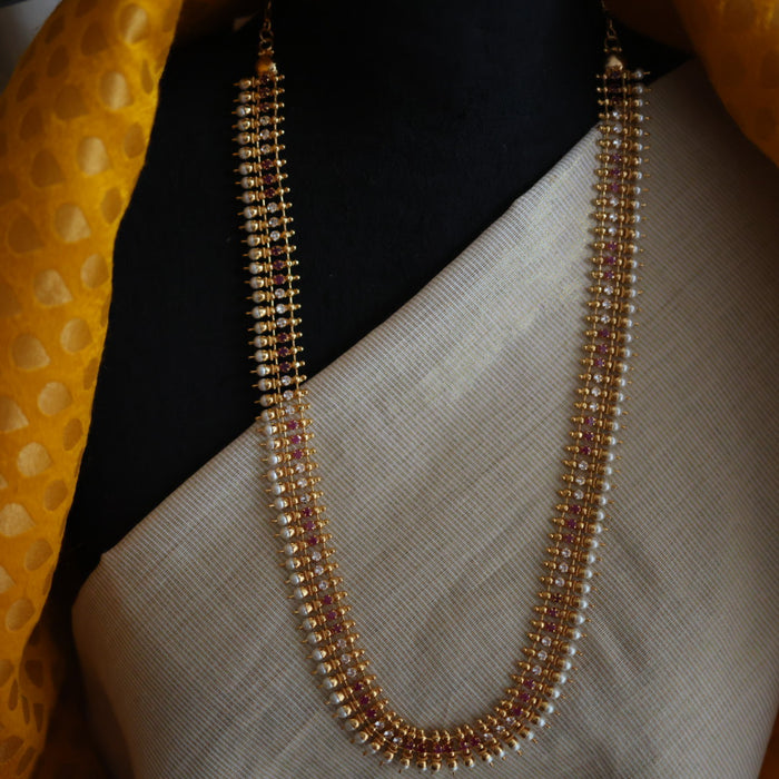 Heritage gold plated ruby white stone long necklace with earrings HL00252