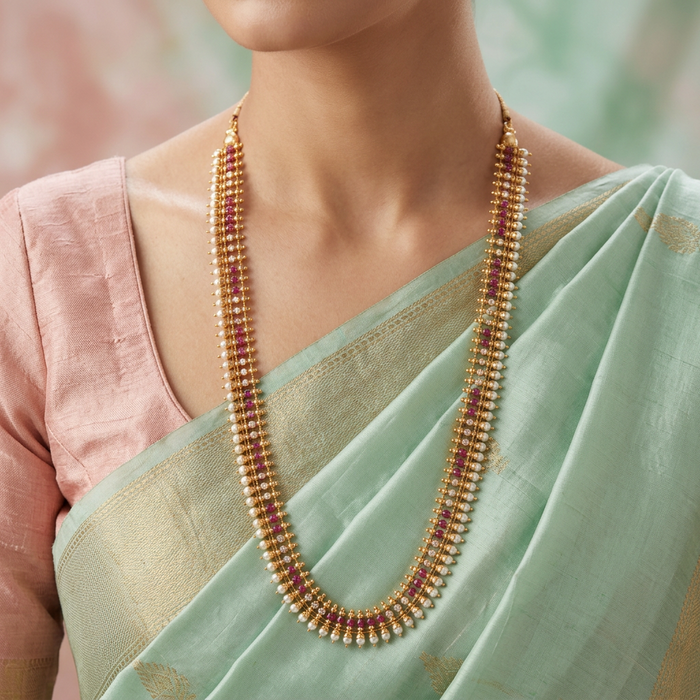 Heritage gold plated ruby white stone long necklace with earrings HL00252