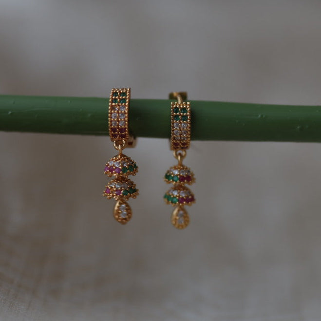 Heritage gold plated ruby green white stone hoop earrings HD781