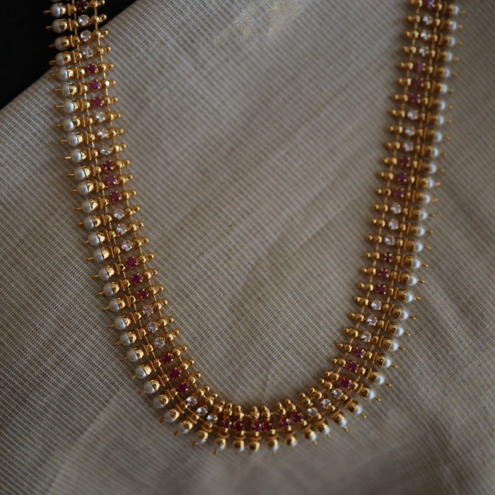 Heritage gold plated ruby white stone long necklace with earrings HL00252