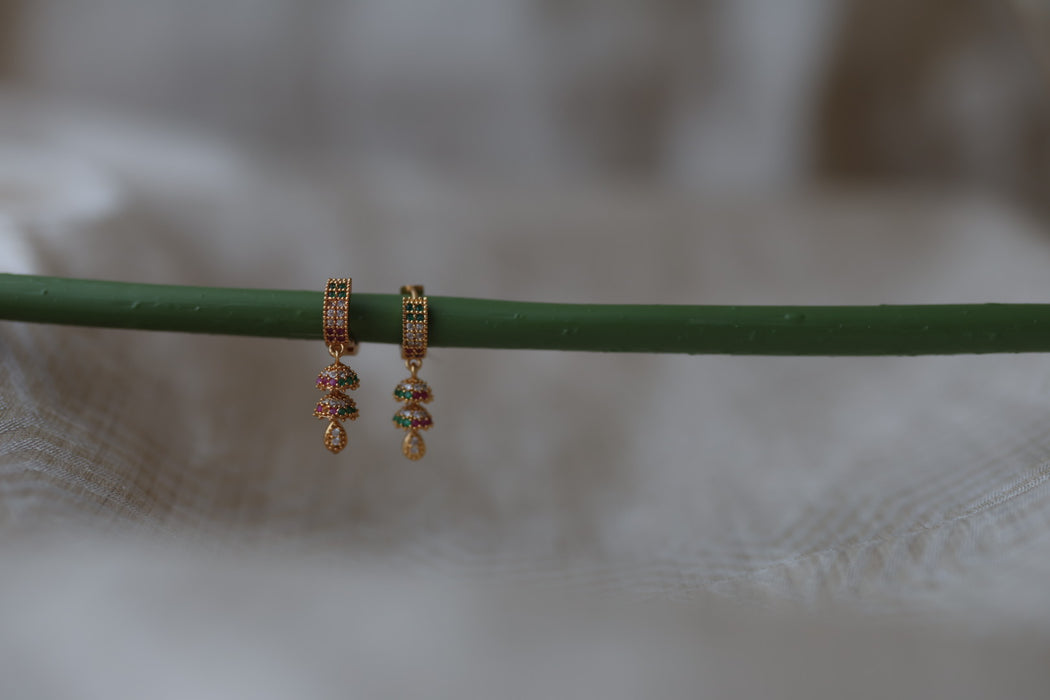 Heritage gold plated ruby green white stone hoop earrings HD781