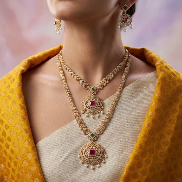 Heritage gold plated long and short necklace with earrings HLS0012