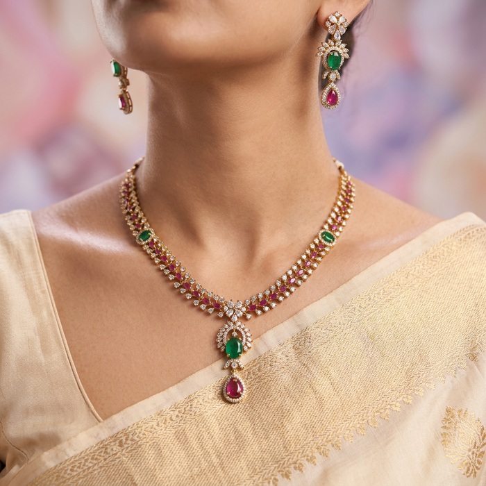 Antique multi stone short necklace with earrings TTS4371