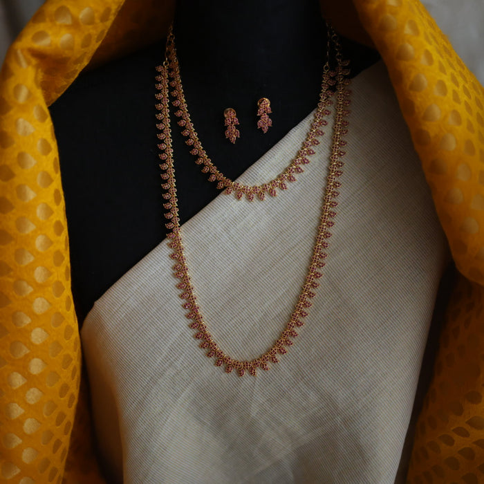 Heritage gold plated long and short ruby stone mango necklace with earrings HLS001