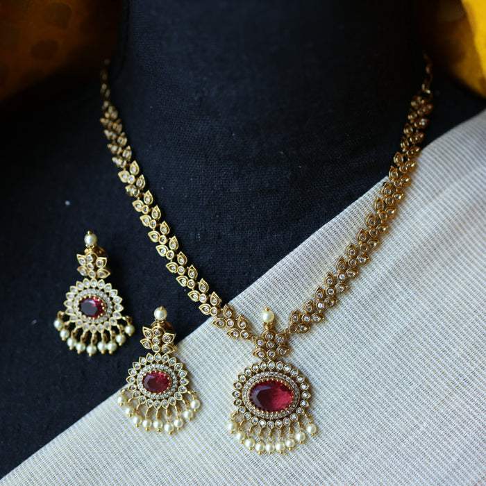 Antique ruby white stone short necklace with earrings TTS4366
