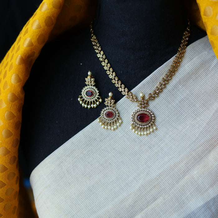 Antique ruby white stone short necklace with earrings TTS4366