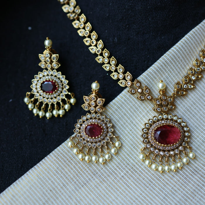 Antique ruby white stone short necklace with earrings TTS4366