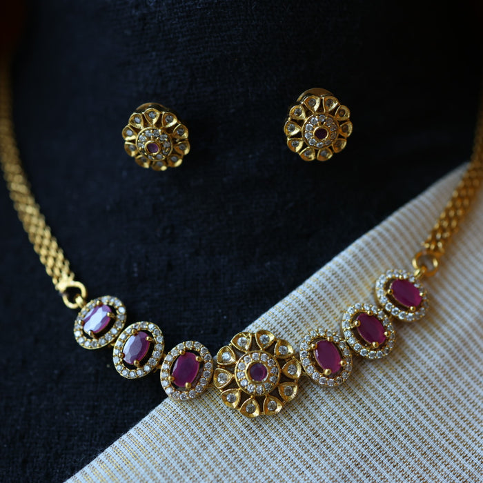 Antique white and ruby stone simple choker necklace with earrings CCB1098